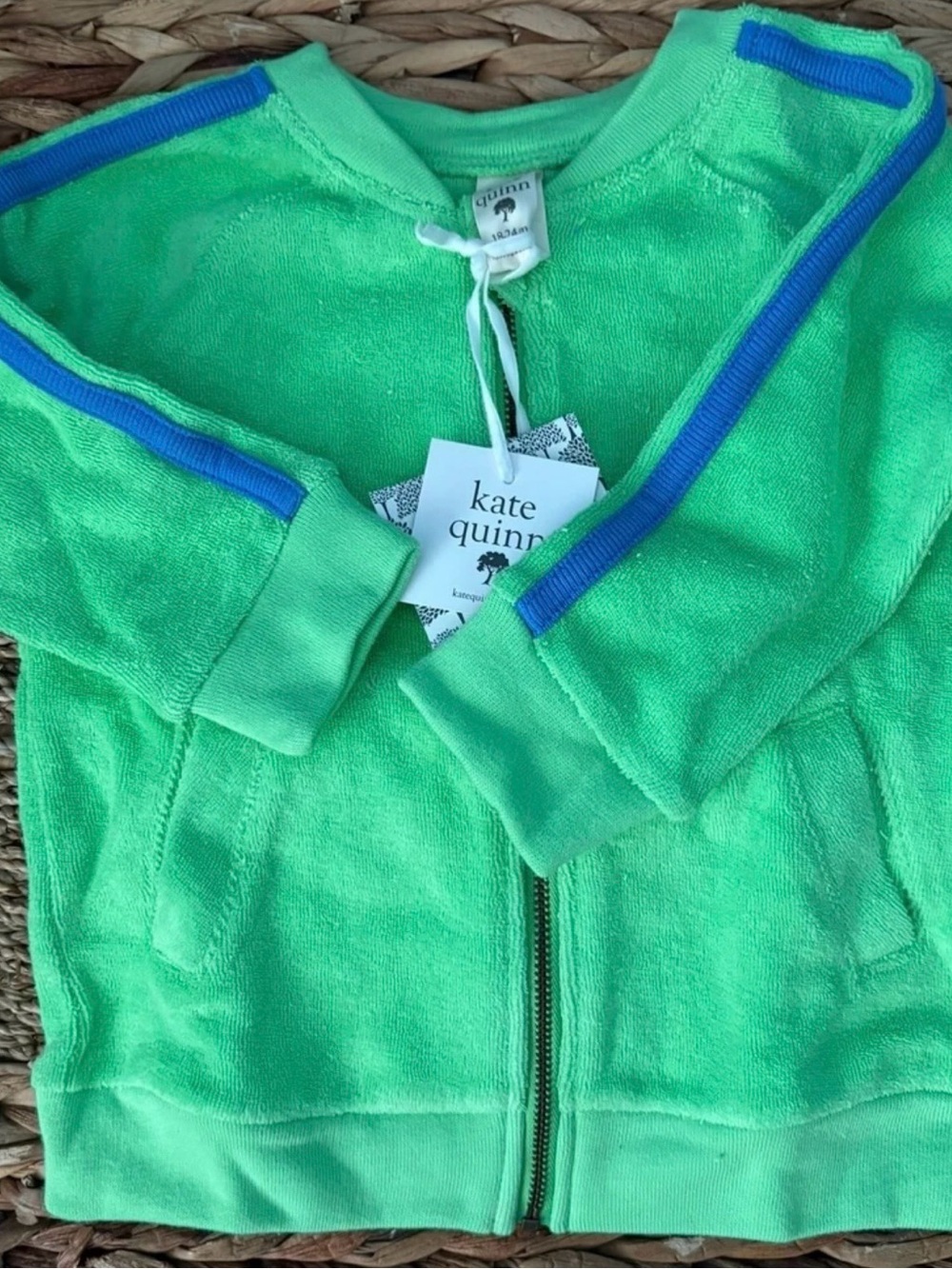 Kate Quinn-Summer Green Retro Stripe Sleeve Terrycloth-Towel zip up jacket
